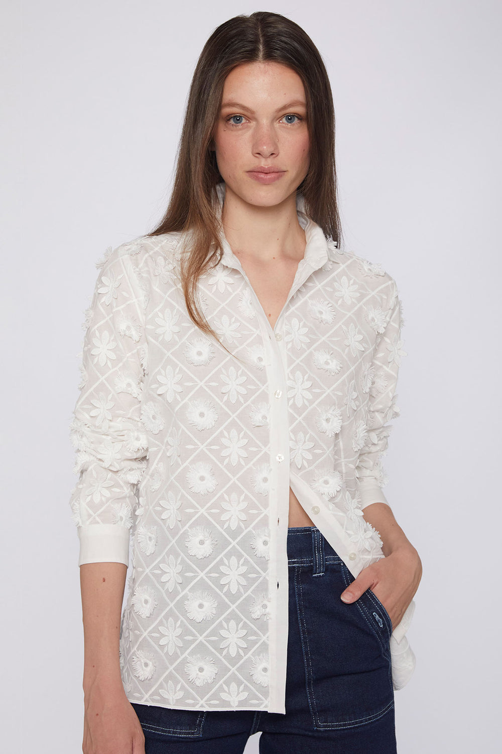 Vilagallo 31044 White 3D Flower Embellished Shirt - Olivia Grace Fashion