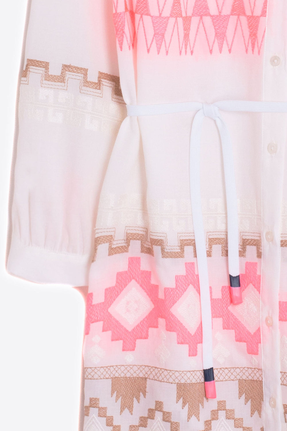 Vilagallo 31049 White Pink Aztec Embroidered Pattern Shirt Dress - Olivia Grace Fashion