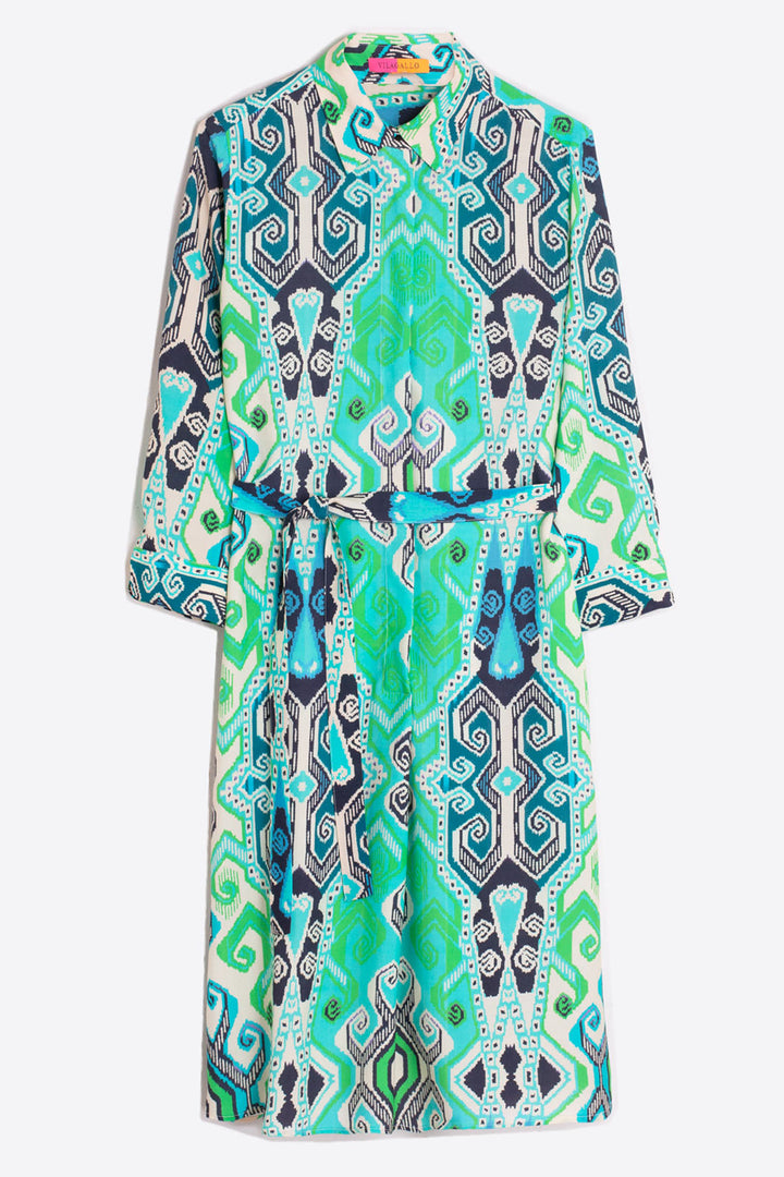 Vilagallo 31056 Green Navajo Print Half Placket Dress - Olivia Grace Fashion