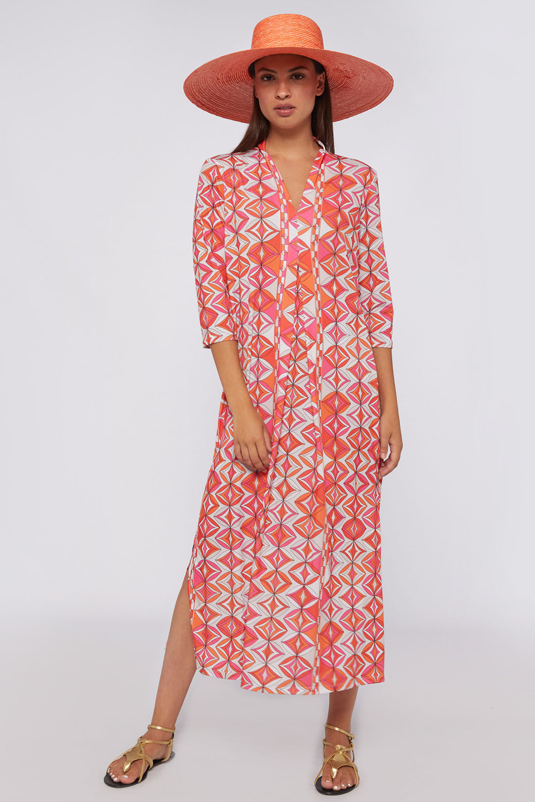 Vilagallo 31113 Pink Retro Print V-Neck Dress - Olivia Grace Fashion