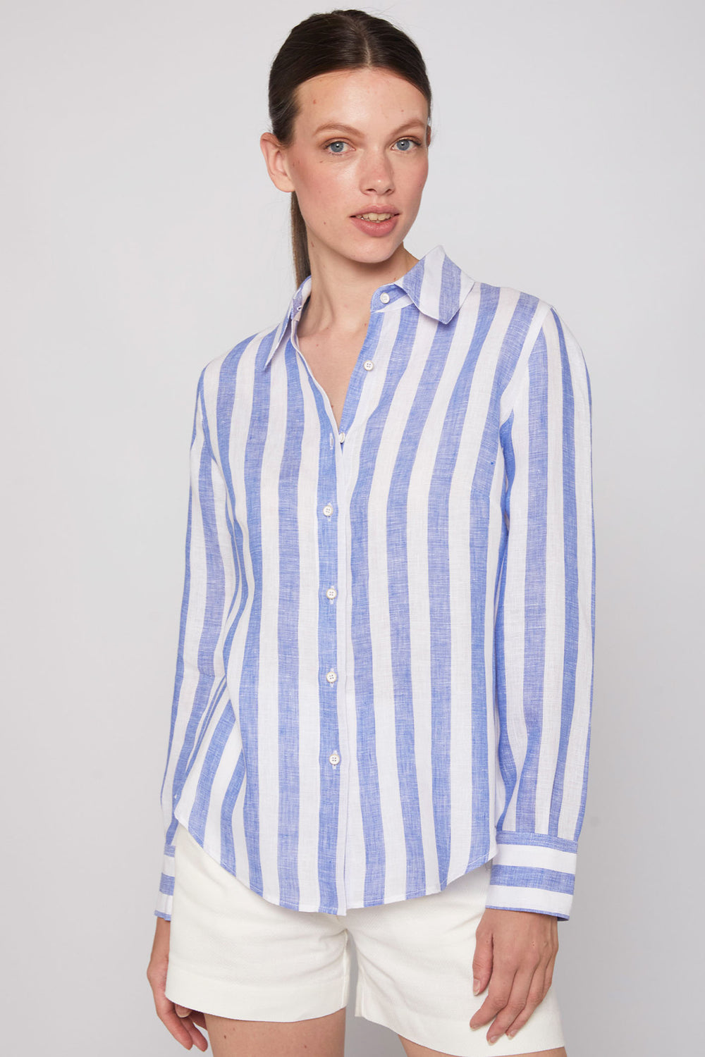 Vilagallo 31216 Blue Stripe Ikat Print Back Shirt - Olivia Grace Fashion