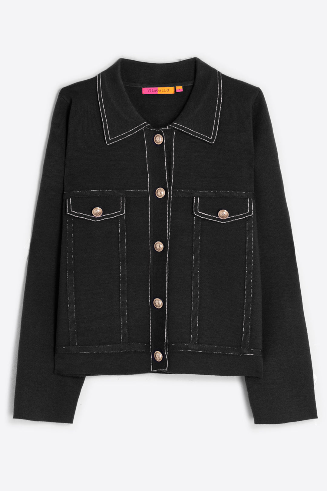 Black denim jacket with white stitching on a light gray background