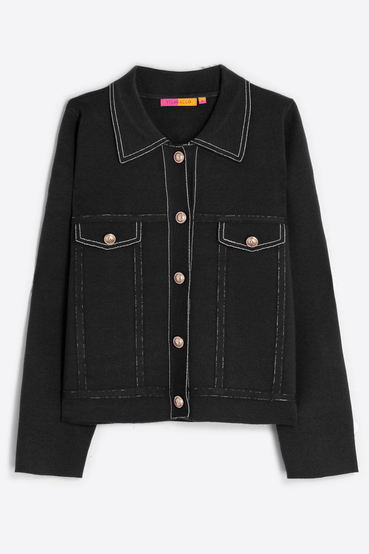 Black denim jacket with white stitching on a light gray background