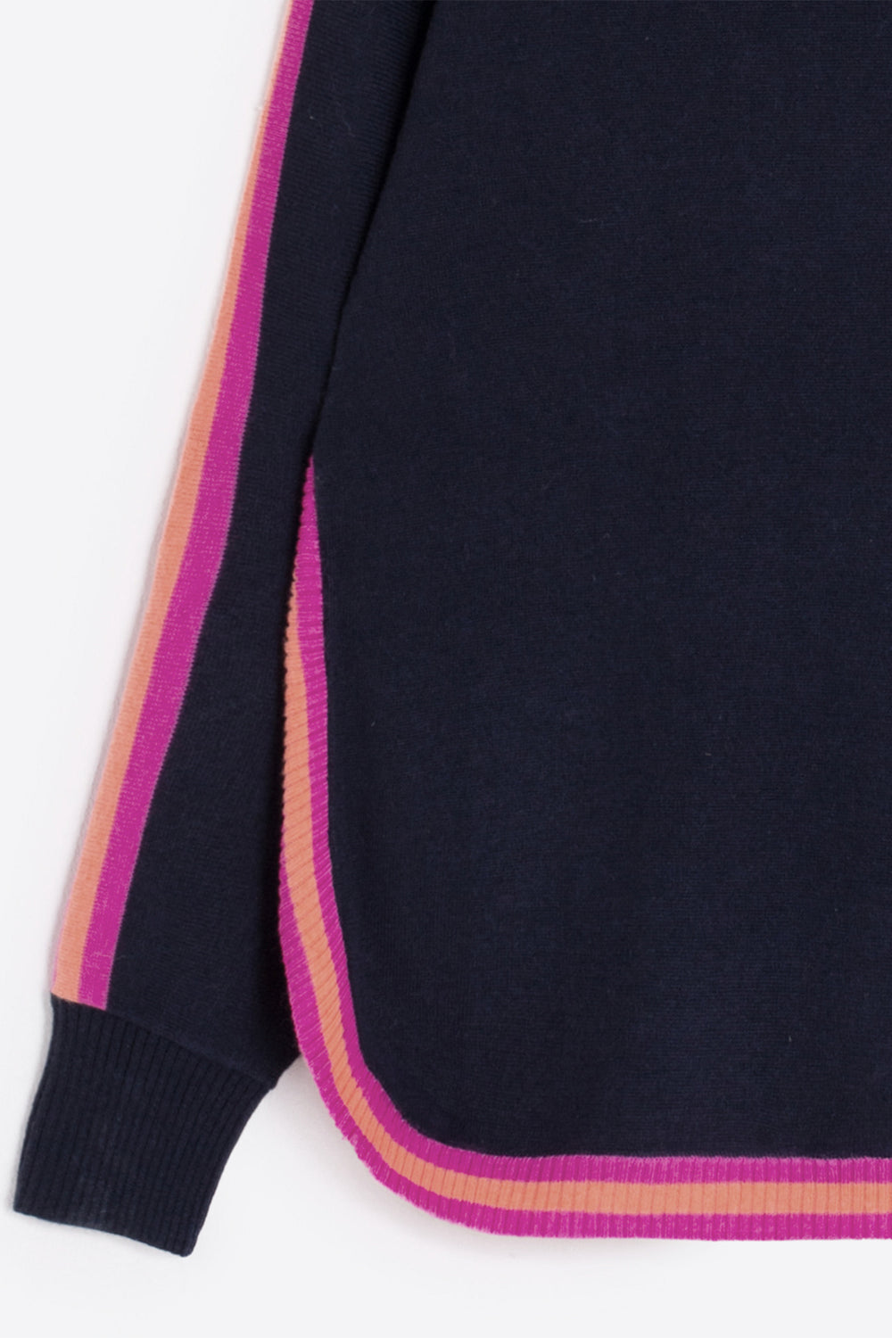 Navy blue fabric with pink and orange trim on a white background