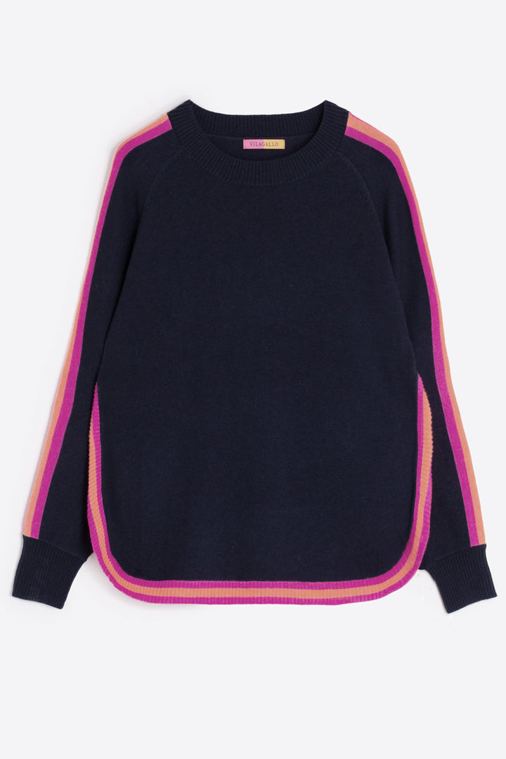 Navy sweater with pink and yellow stripes on a white background