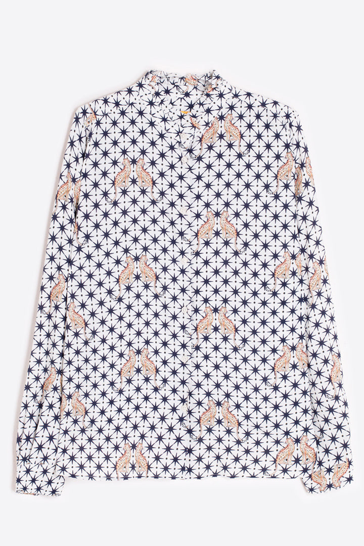 Long-sleeve shirt with a geometric pattern on a white background