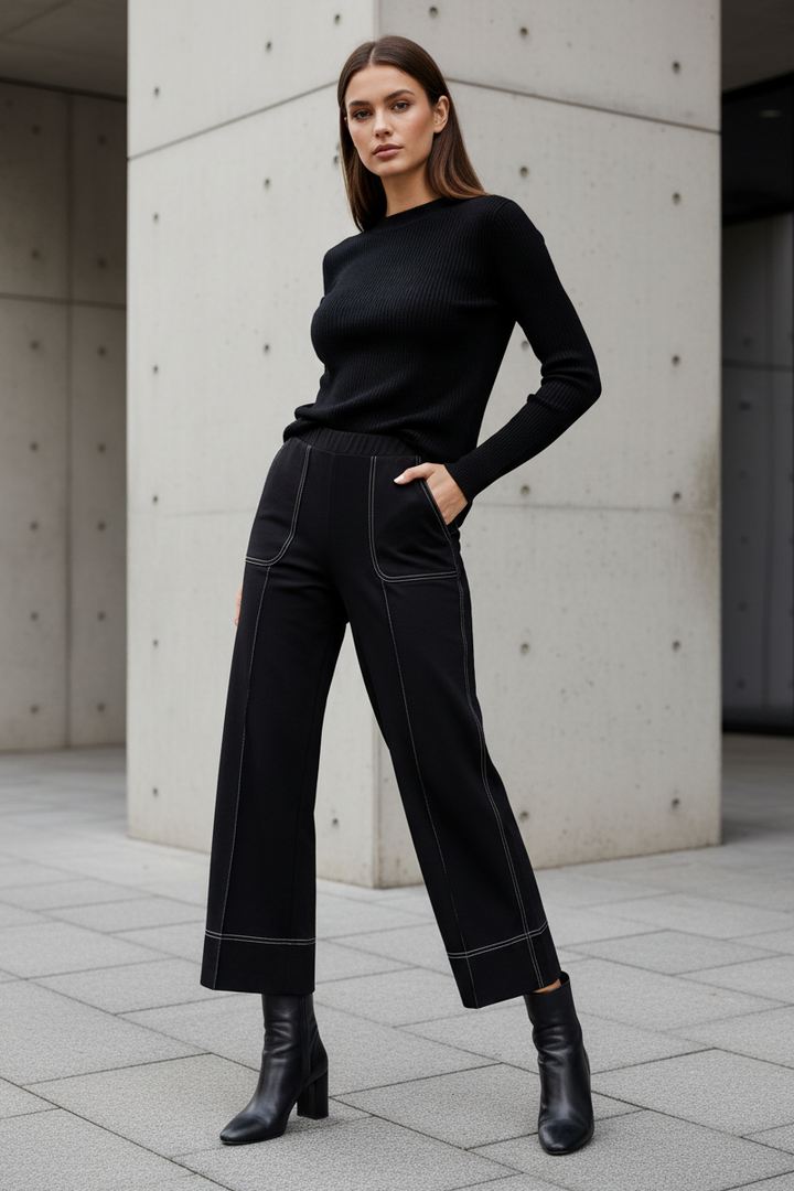 Vilagallo 33273 Black Wide Leg Pull-On Cropped Trousers