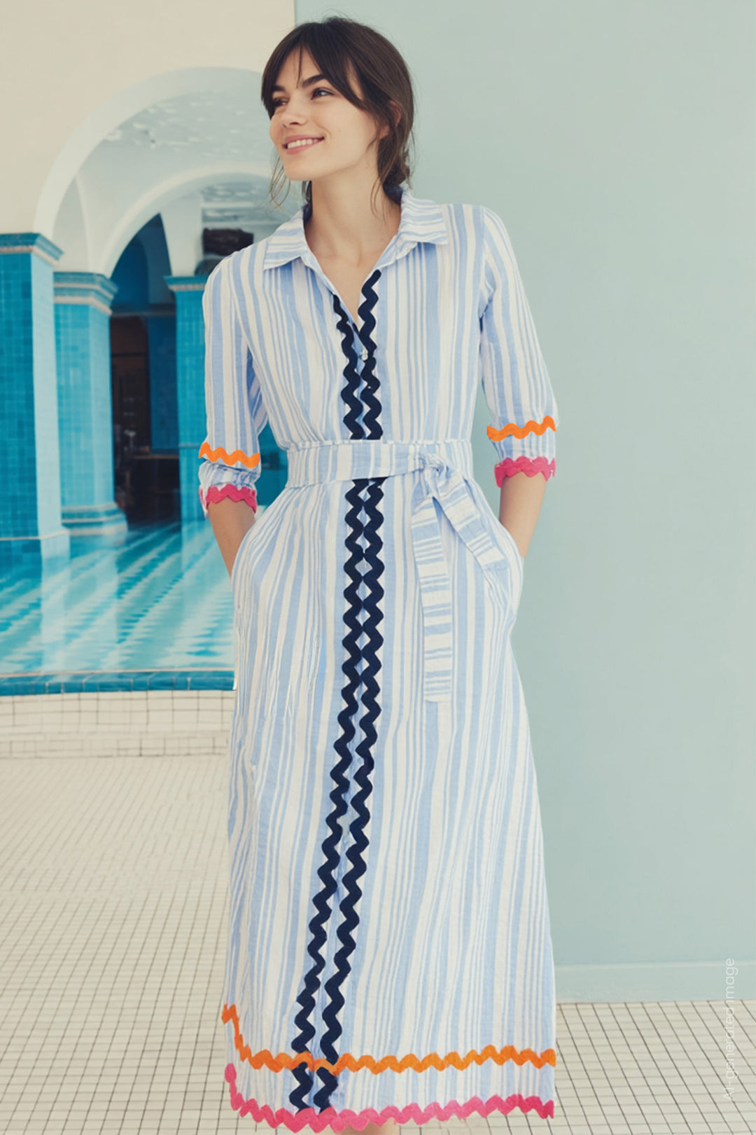 Vilagallo 33321 Blue Stripe Midi Seersucker Shirt Dress