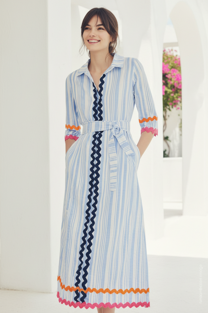 Vilagallo 33321 Blue Stripe Midi Seersucker Shirt Dress