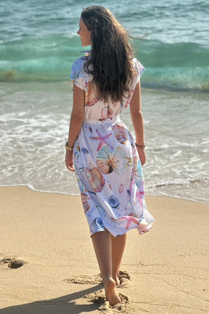 Vilagallo 33337 White Seashell Print Cap Sleeve Shirt Dress
