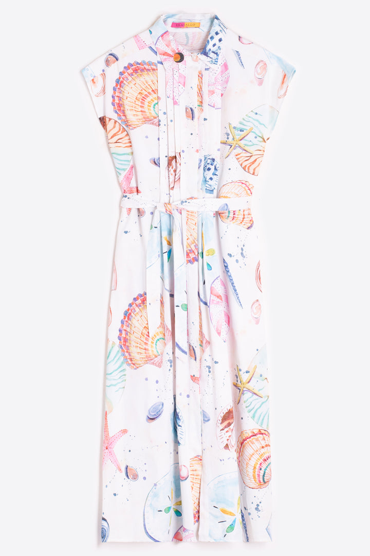 Vilagallo 33337 White Seashell Print Cap Sleeve Shirt Dress