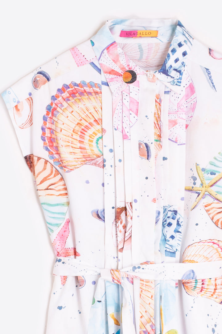 Vilagallo 33337 White Seashell Print Cap Sleeve Shirt Dress