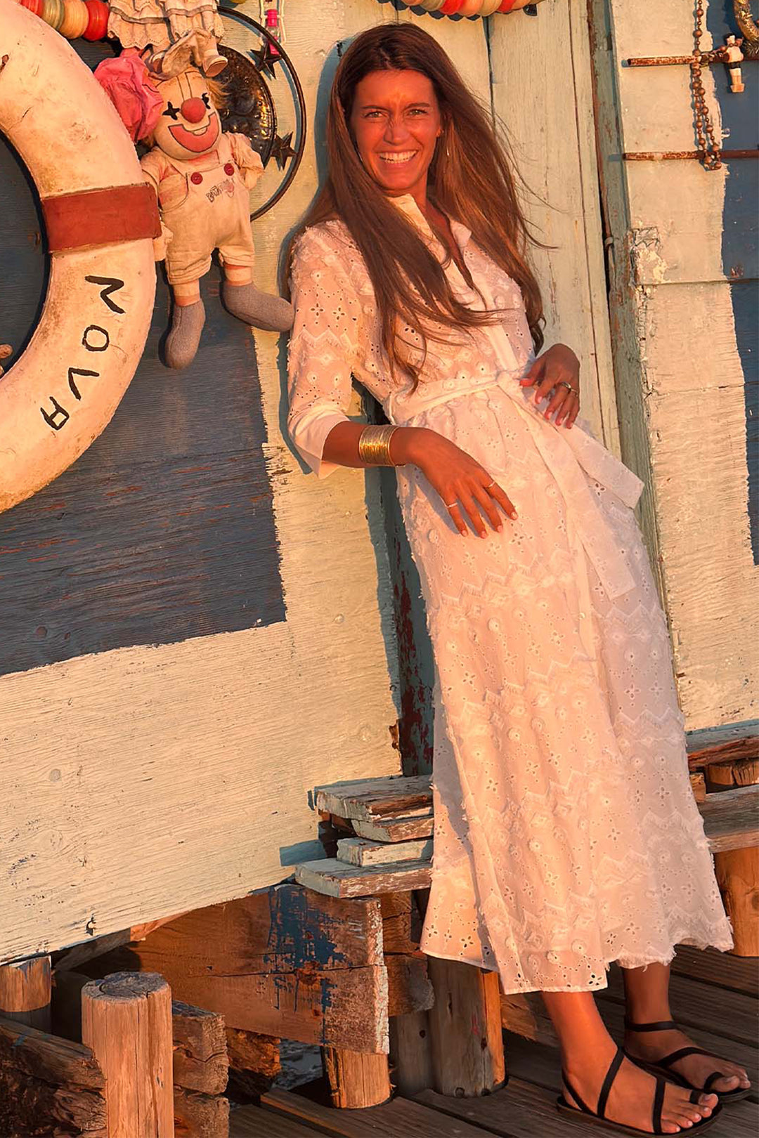 Vilagallo 33430 White Eyelet Embroidery Midi Shirt Dress