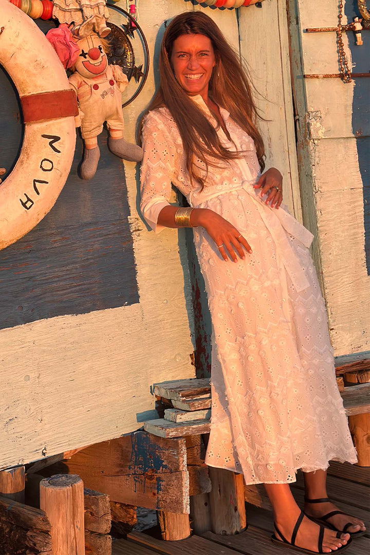 Vilagallo 33430 White Eyelet Embroidery Midi Shirt Dress