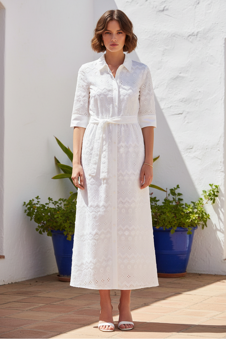 Vilagallo 33430 White Eyelet Embroidery Midi Shirt Dress