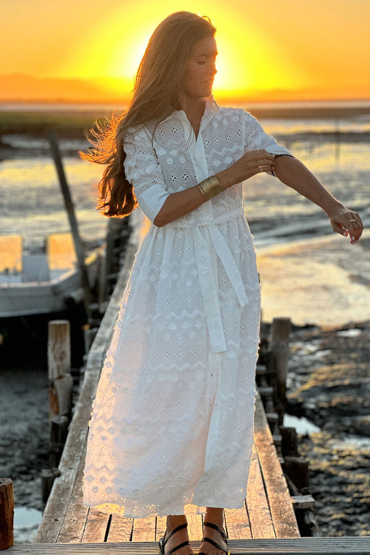 Vilagallo 33430 White Eyelet Embroidery Midi Shirt Dress