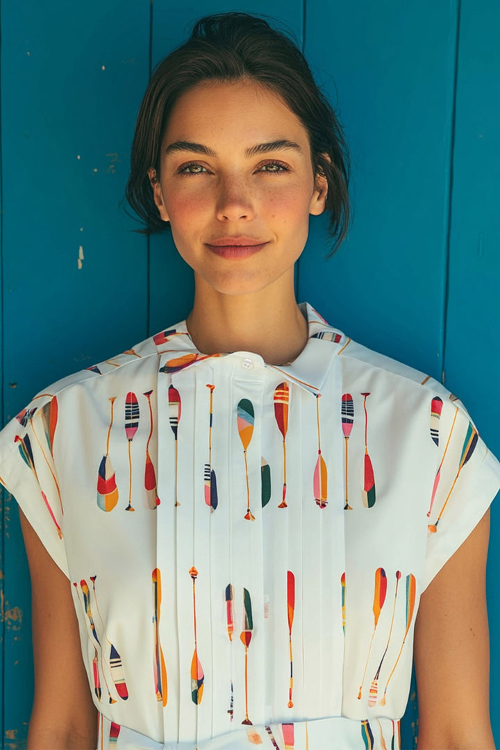 Vilagallo 33522 White Remos Algodon Paddle Print Midi Shirt Dress