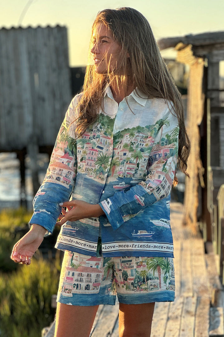 Vilagallo 33566 White Puerto Banus Print Linen Shirt