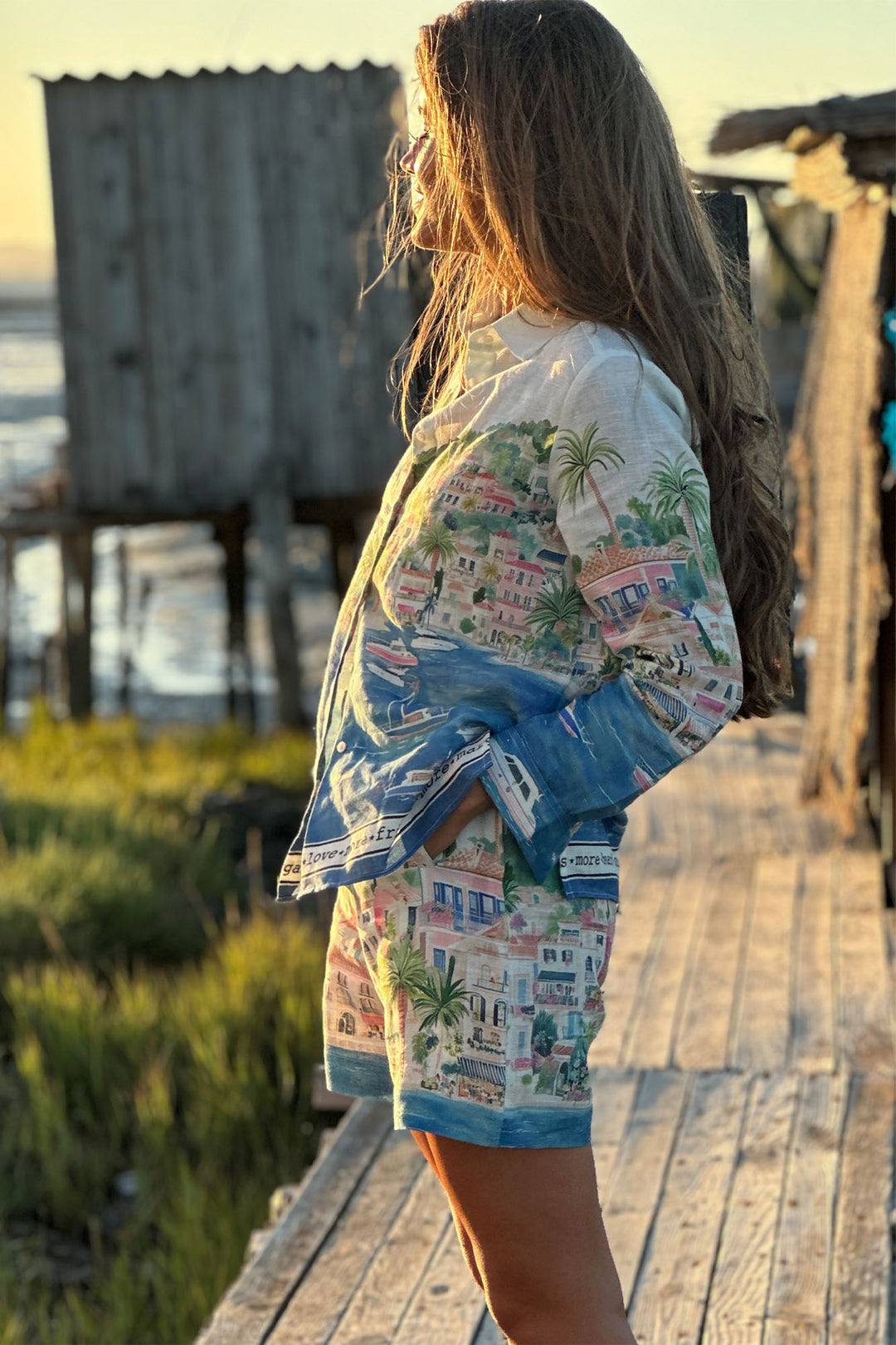 Vilagallo 33573 White Puerto Banus Print Linen Shorts