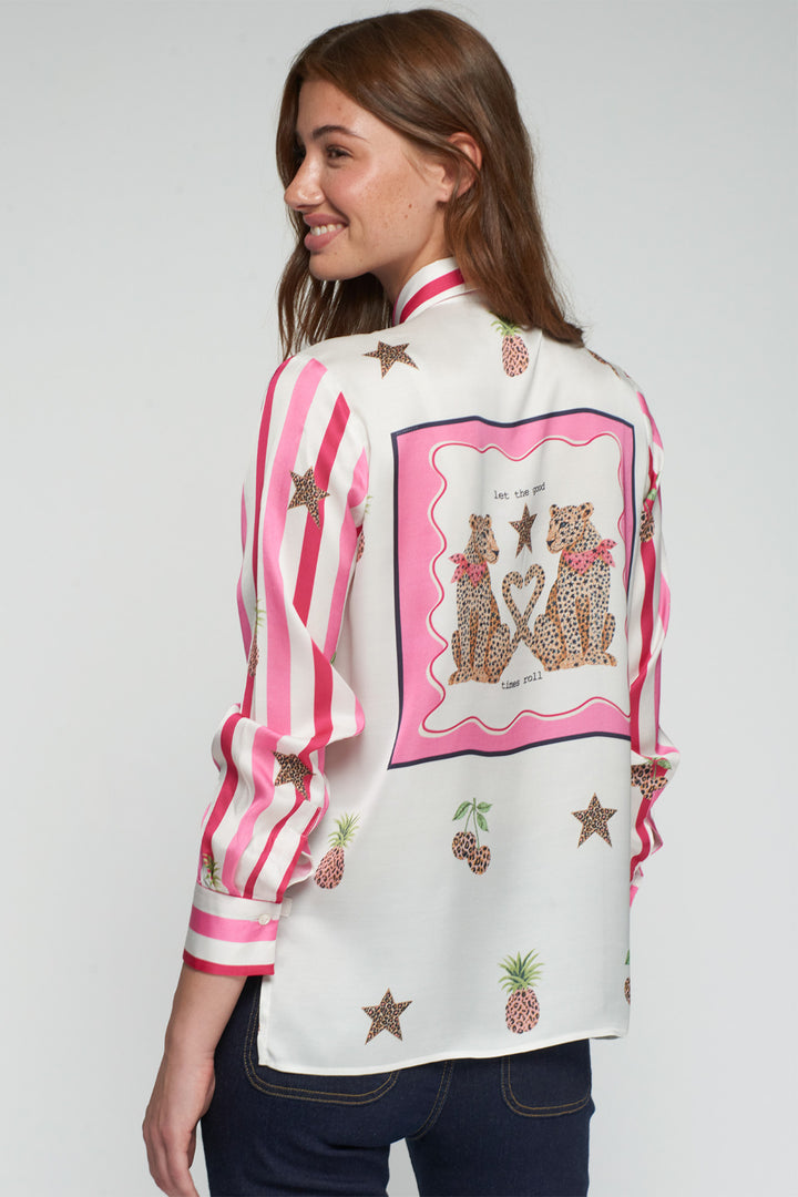 Vilagallo 33641 Pink Stripe Cherry Pineapple Print Shirt