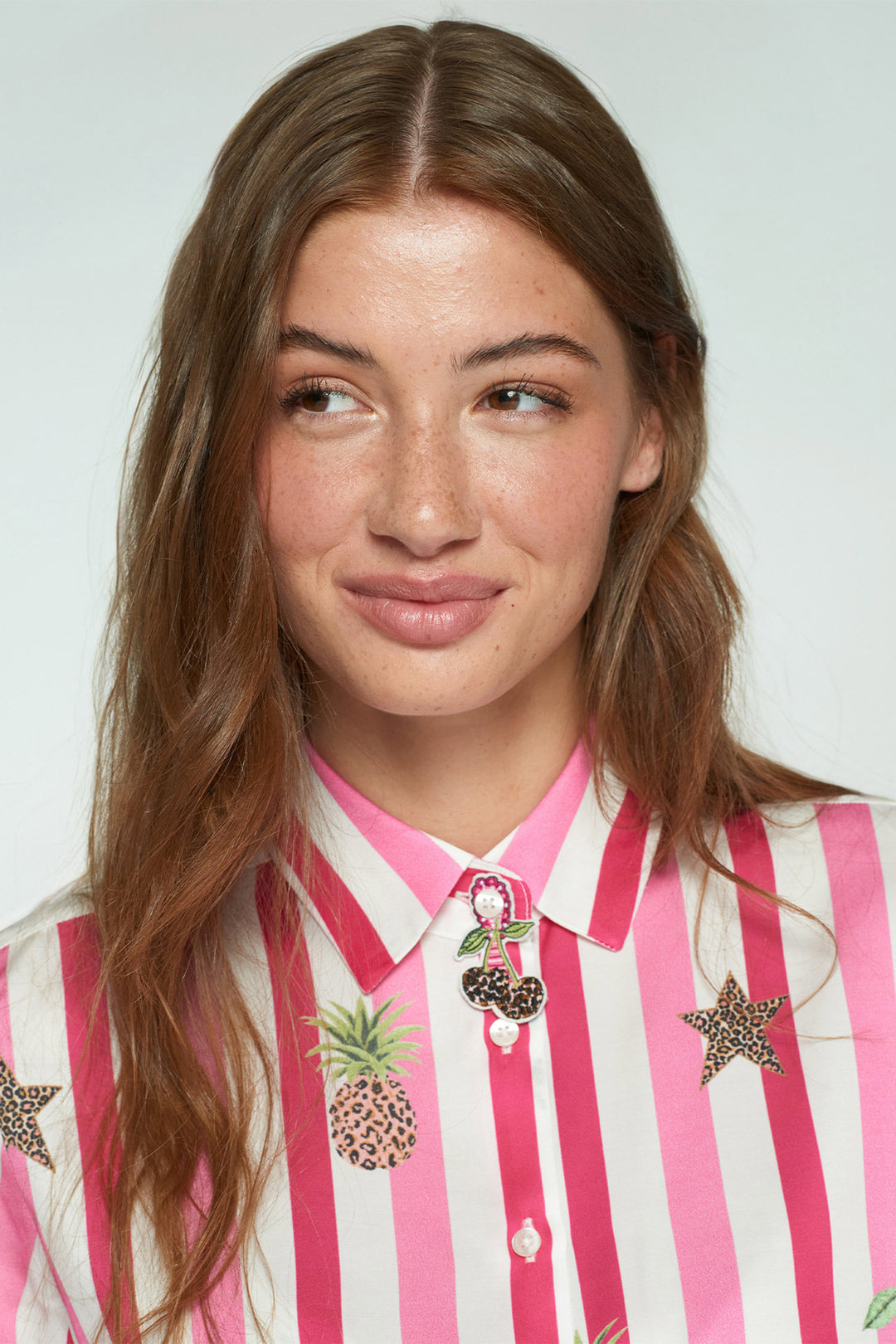 Vilagallo 33641 Pink Stripe Cherry Pineapple Print Shirt