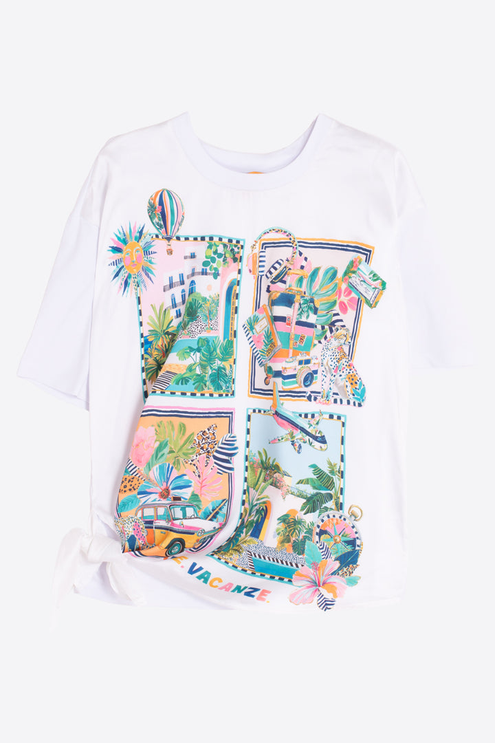 Vilagallo 33643 White Travel Print Tie-Waist T-Shirt