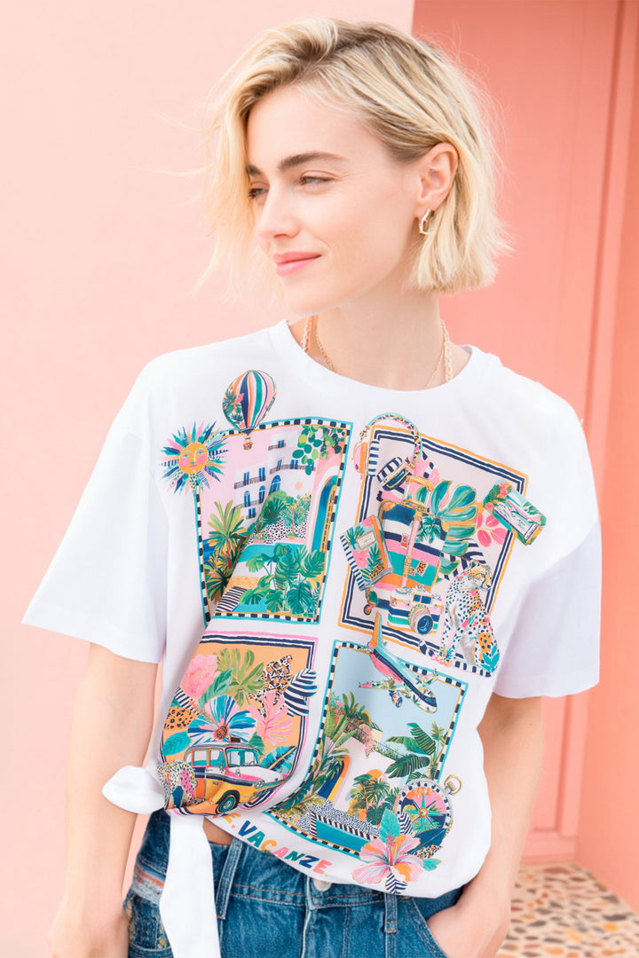 Vilagallo 33643 White Travel Print Tie-Waist T-Shirt