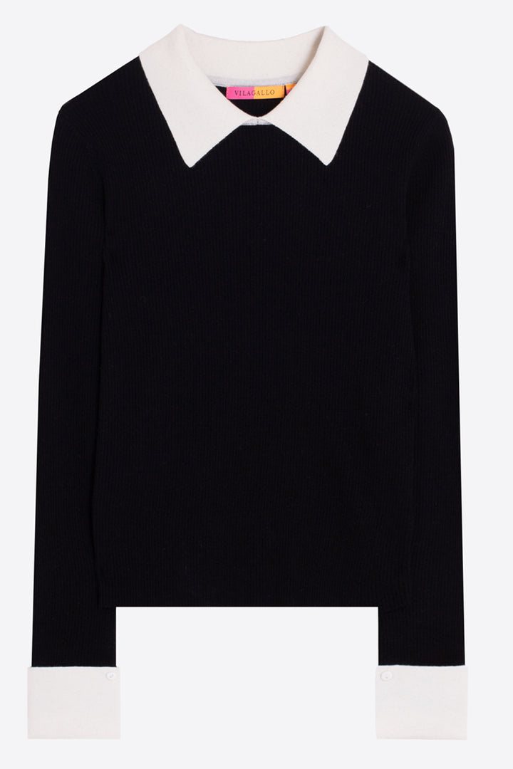 Vilagallo Black &amp; Ecru Jumper 34151, packshot showing collar and cuff colourway