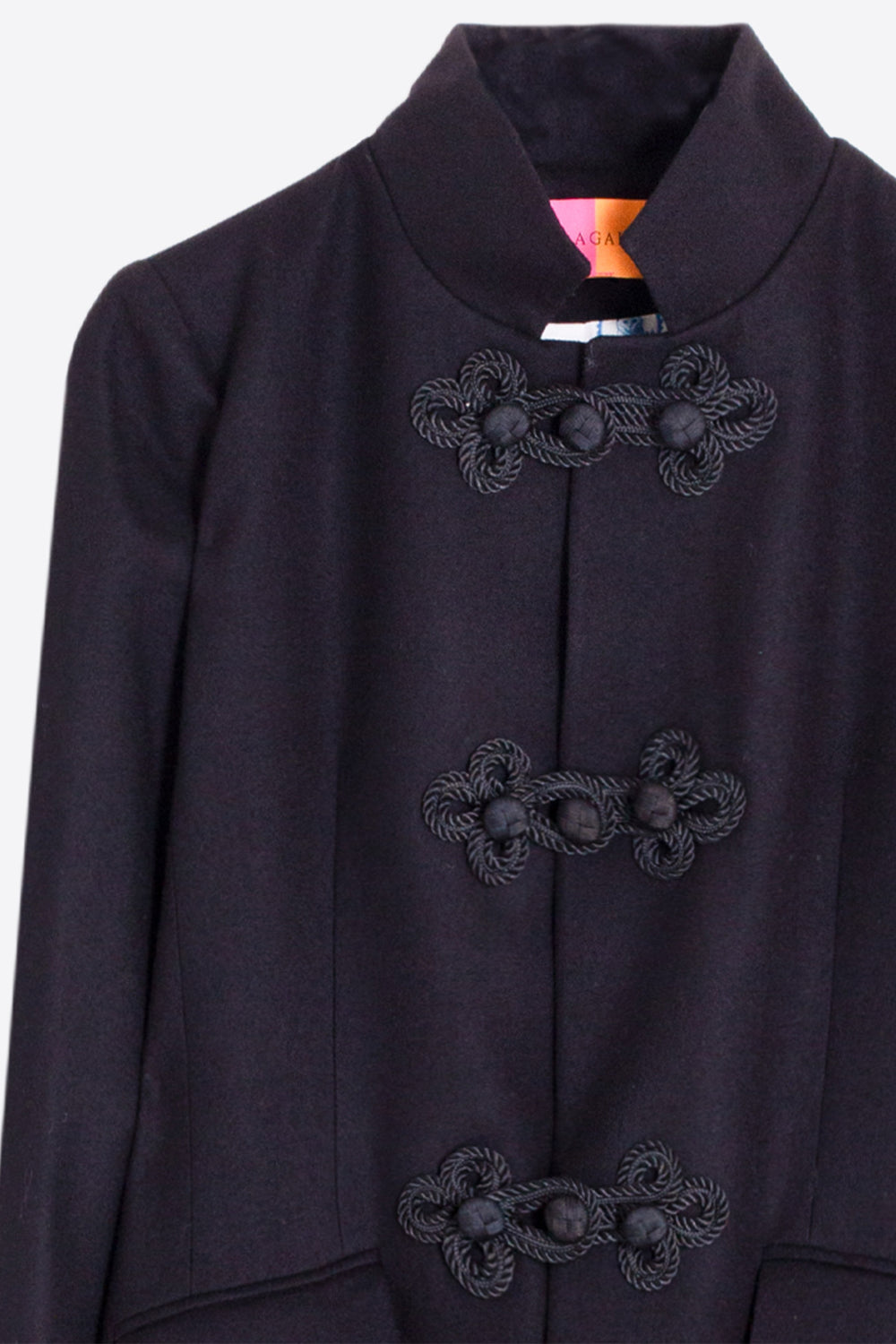 Vilagallo Black Virgin Wool Coat 34174, detail of rope and button fastenings