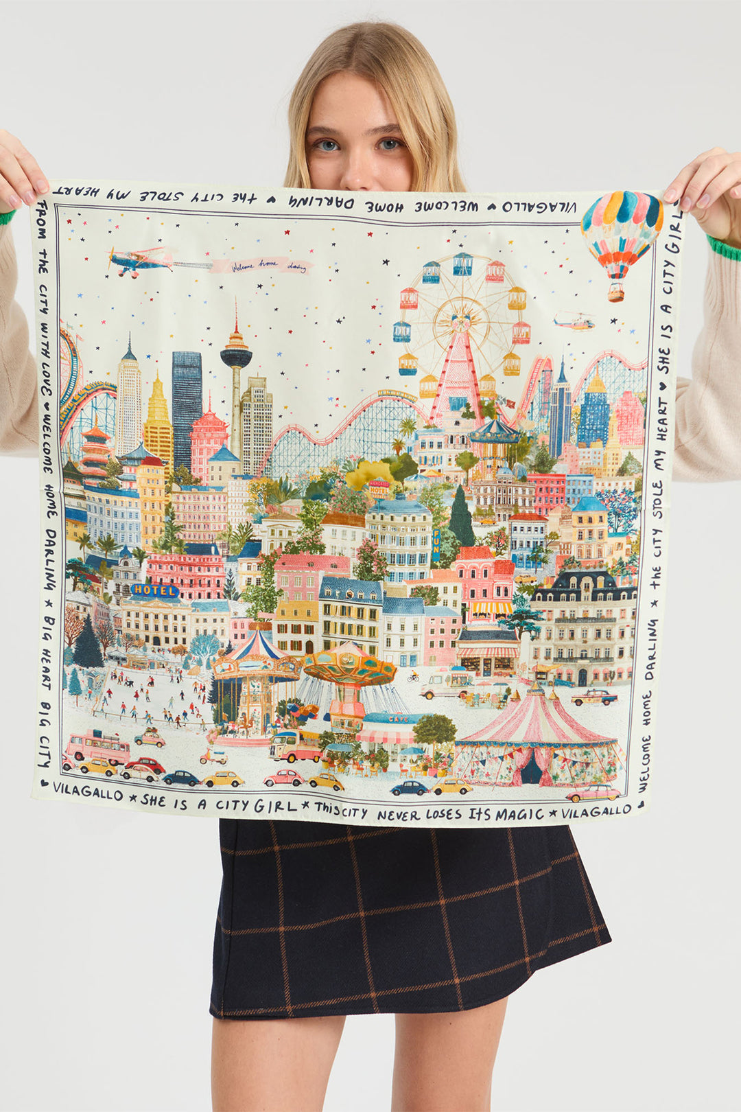 Vilagallo City Multicolour Silk Scarf 34199, styled shot showing the cityscape print