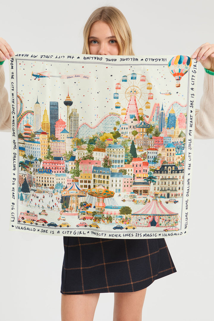Vilagallo City Multicolour Silk Scarf 34199, styled shot showing the cityscape print
