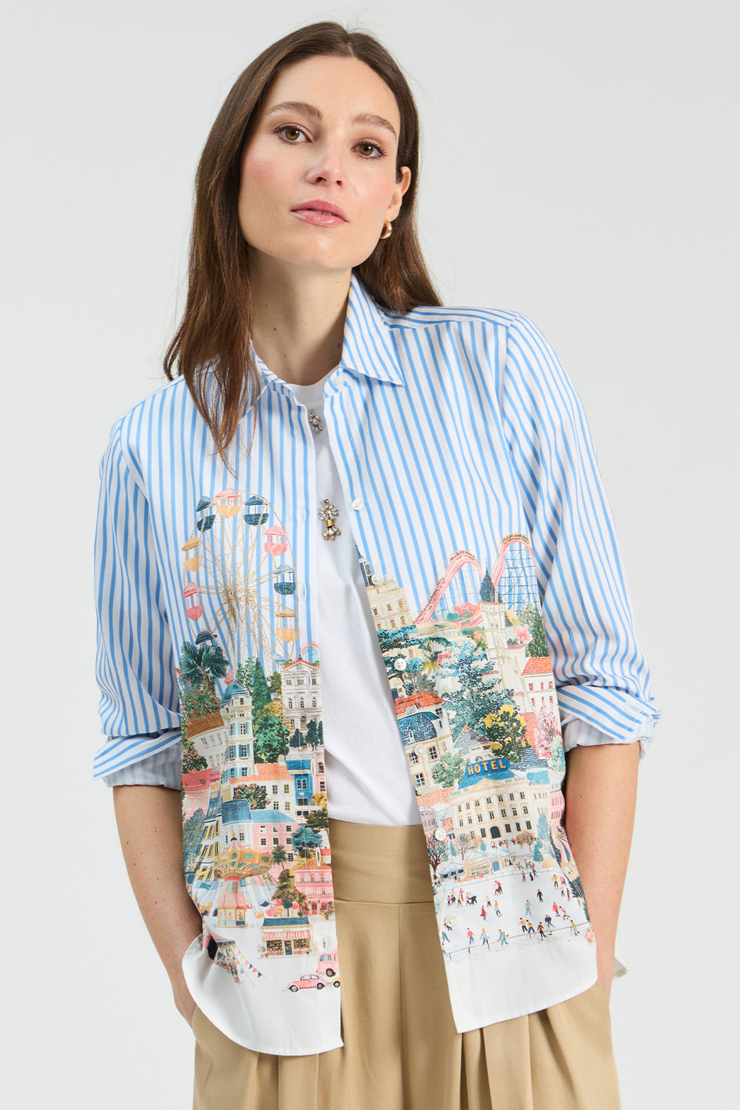 Vilagallo City Print Blue Blouse, front view styled with a knitted scarf belt