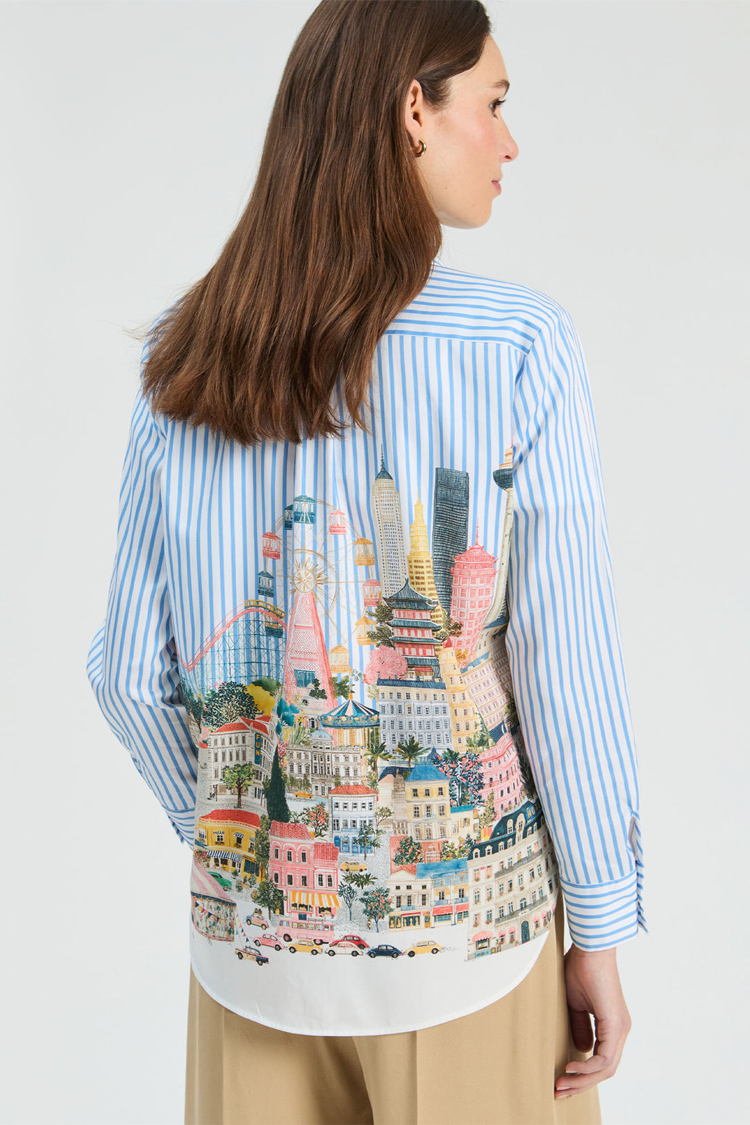 Vilagallo City Print Blue Blouse, back view showing the full print placement