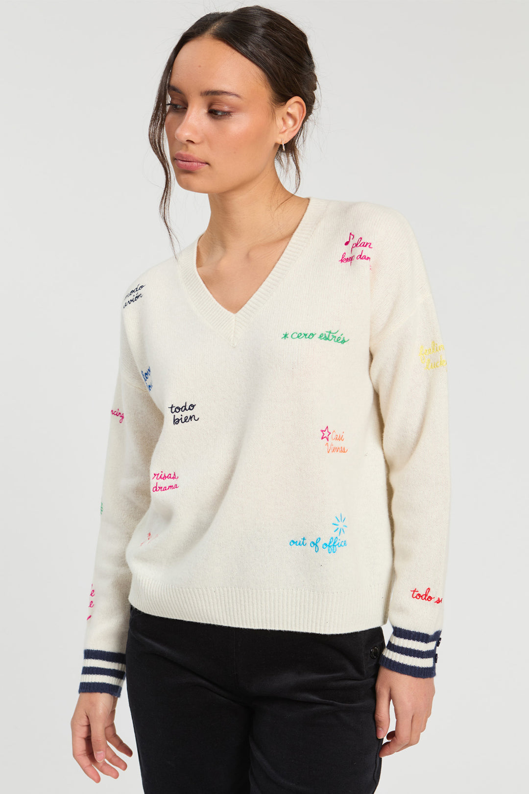 Vilagallo Ecru & Navy Lettering Jumper 34124, front view on model showing colourful embroidered wording