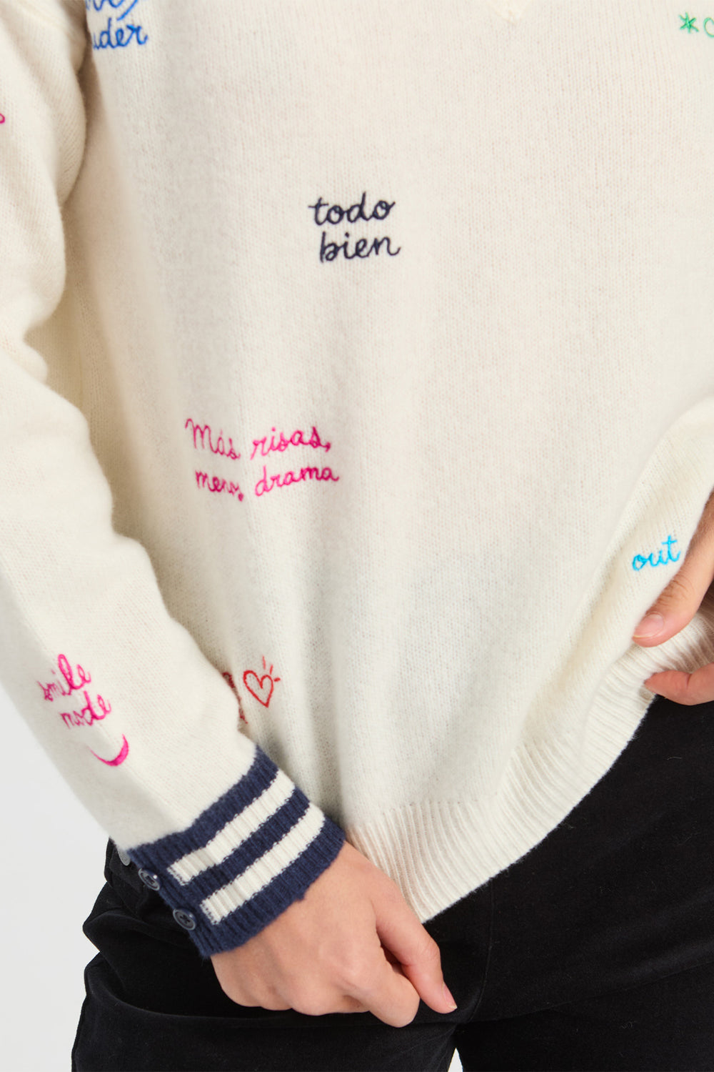 Vilagallo Ecru & Navy Lettering Jumper 34124, detail of embroidered lettering and ribbed hem