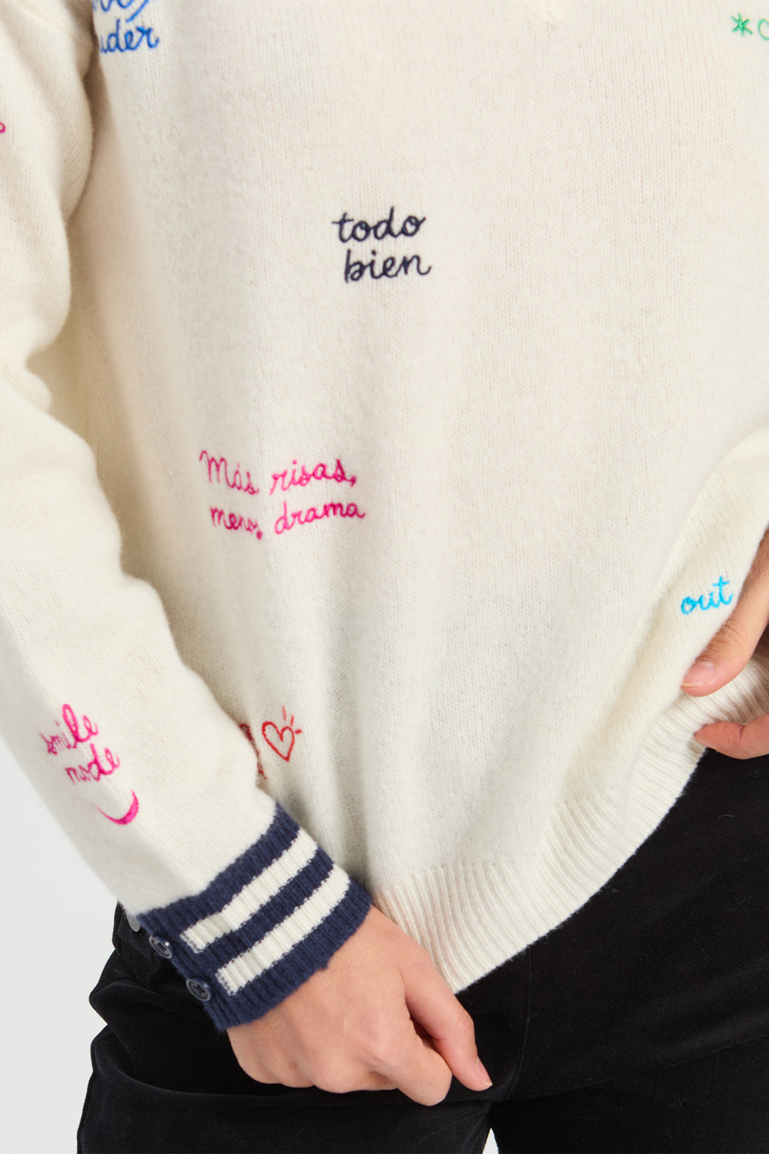 Vilagallo Ecru &amp; Navy Lettering Jumper 34124, detail of embroidered lettering and ribbed hem