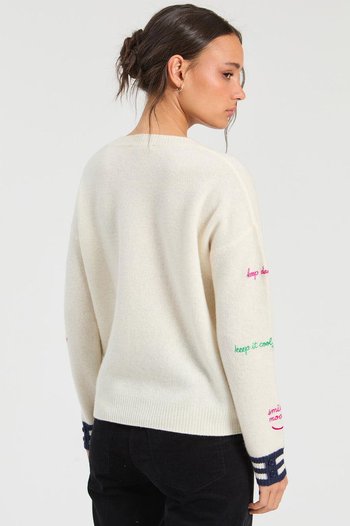 Vilagallo Ecru &amp; Navy Lettering Jumper 34124, back view showing navy striped cuffs