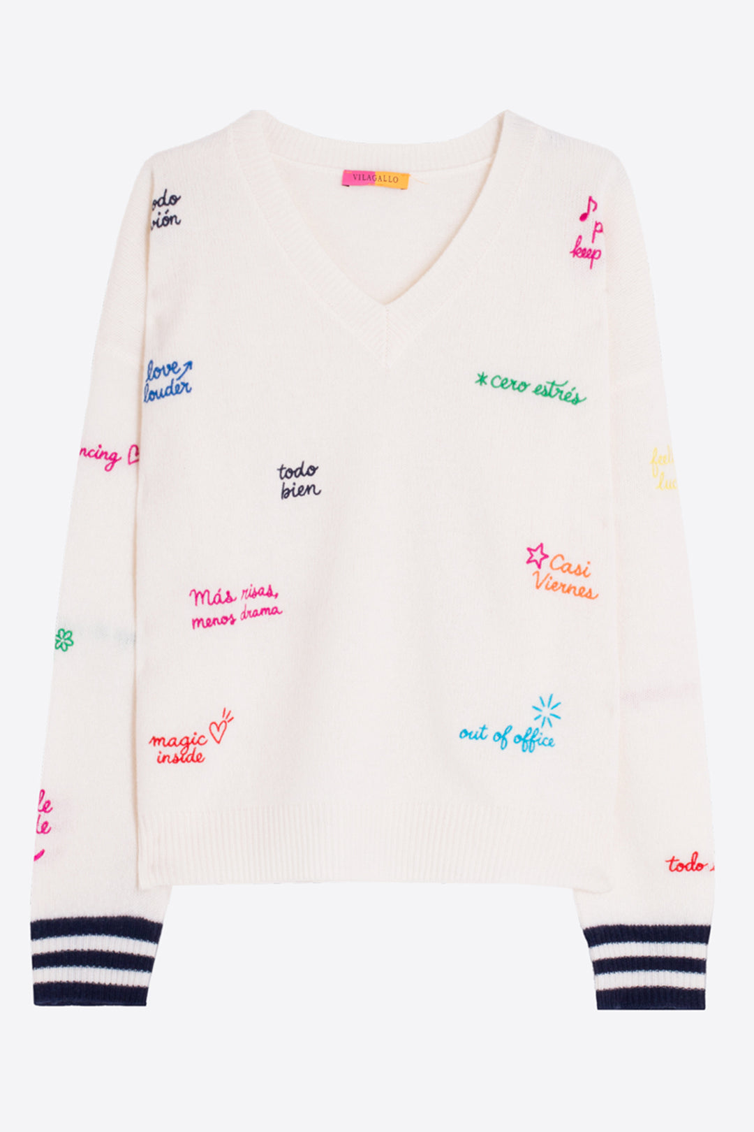 Vilagallo Ecru &amp; Navy Lettering Jumper 34124, packshot showing full jumper shape and colourway