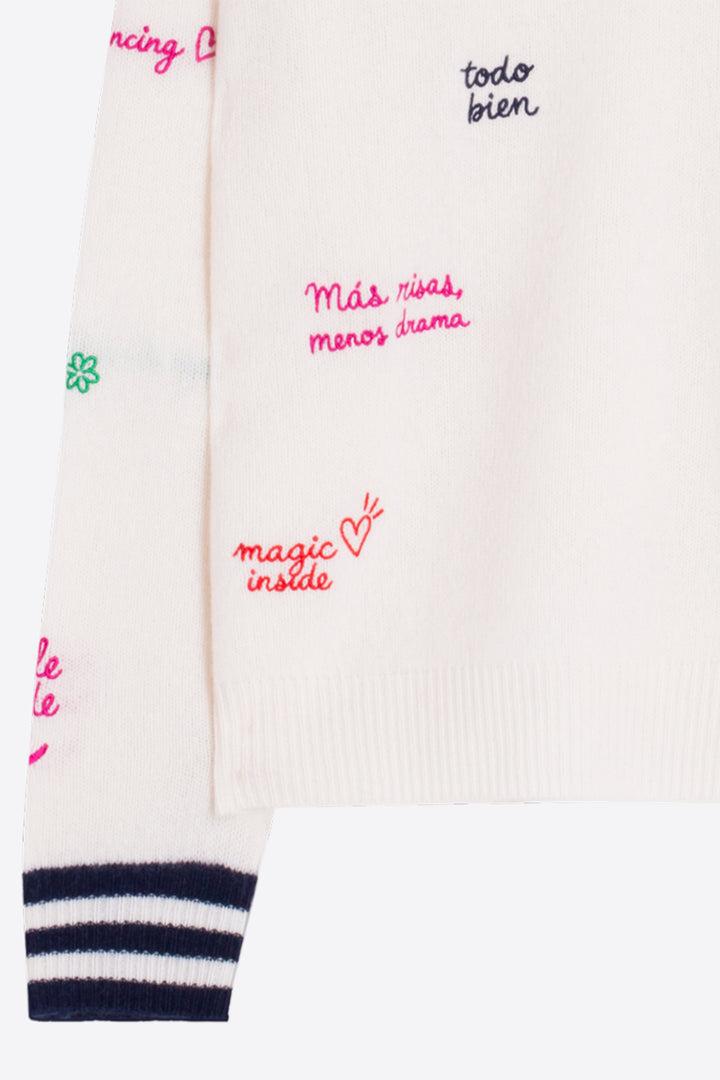 Vilagallo Ecru &amp; Navy Lettering Jumper 34124, detail of sleeve embroidery and ribbed cuff
