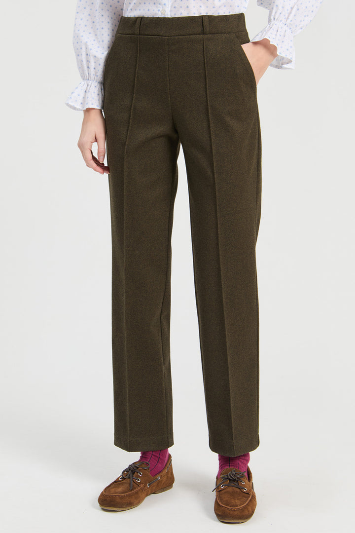 Vilagallo Green Flannel Punto Trousers, close front view showing the tailored waistband