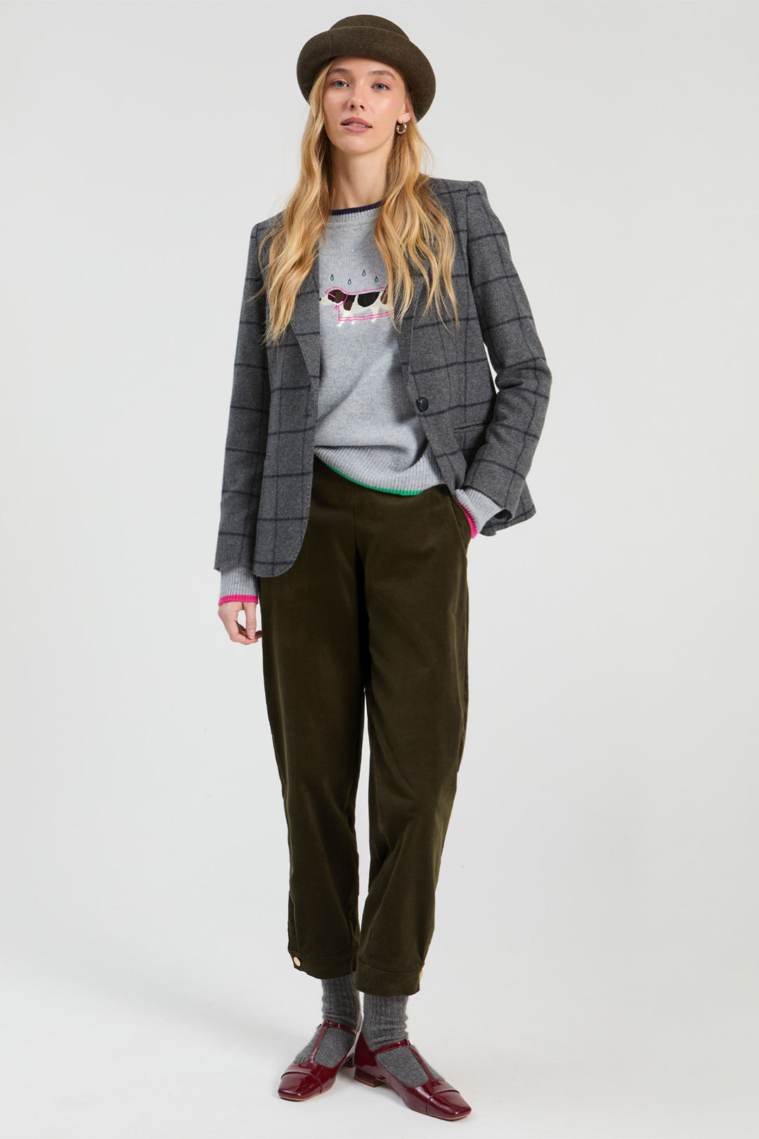 Vilagallo Grey &amp; Navy Check Jacket, front view styled with a knitted jumper
