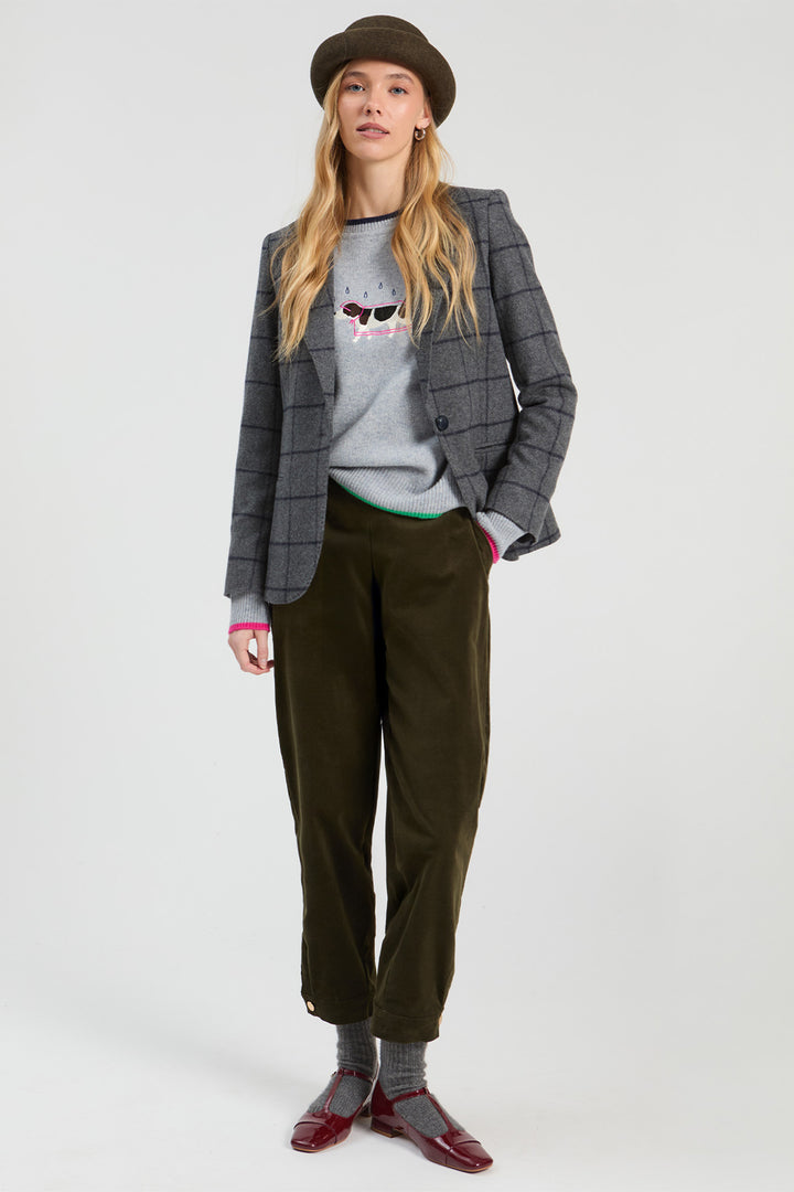 Vilagallo Grey &amp; Navy Check Jacket, front view styled with a knitted jumper