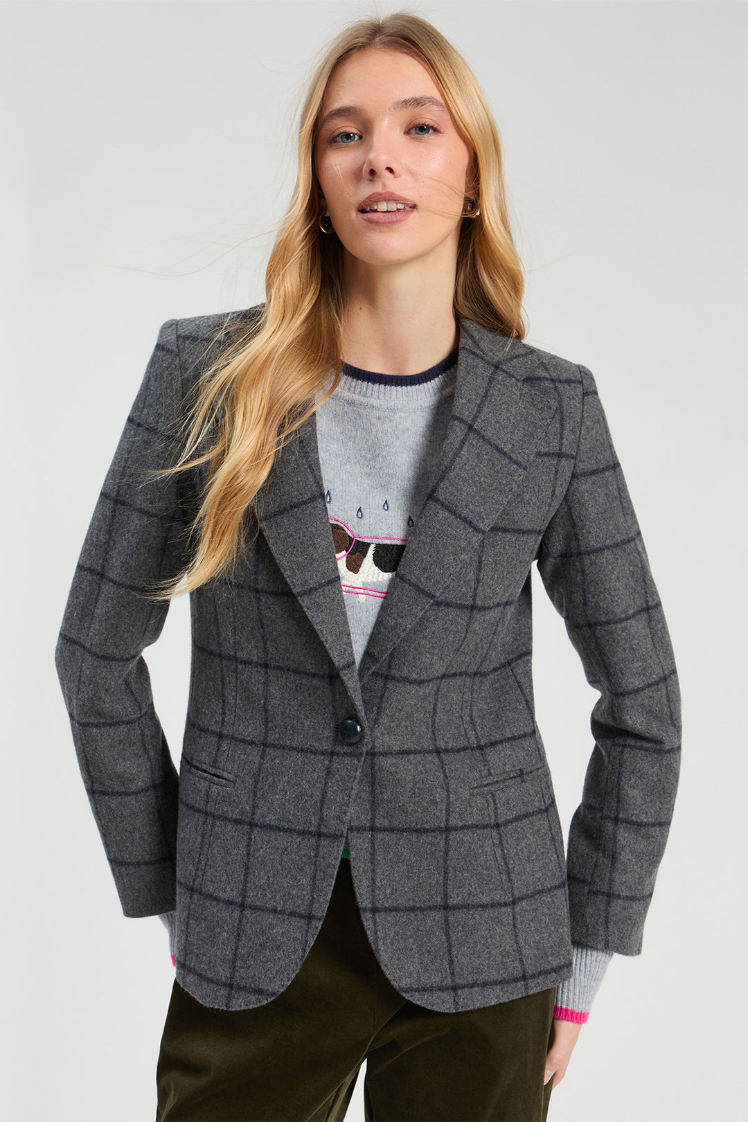 Vilagallo Grey &amp; Navy Check Jacket, close front view showing the single button fastening
