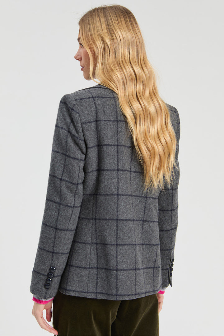 Vilagallo Grey &amp; Navy Check Jacket, back view showing the tailored fit