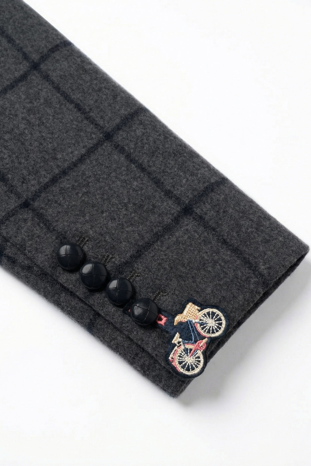 Vilagallo Grey &amp; Navy Check Jacket, detail of the cuff embroidery and buttons