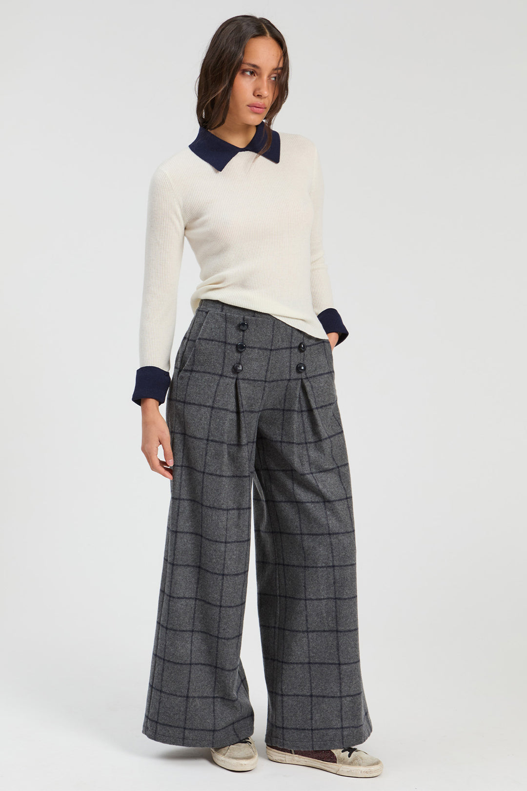 Vilagallo Grey & Navy Check Trousers, front view styled with cream jumper
