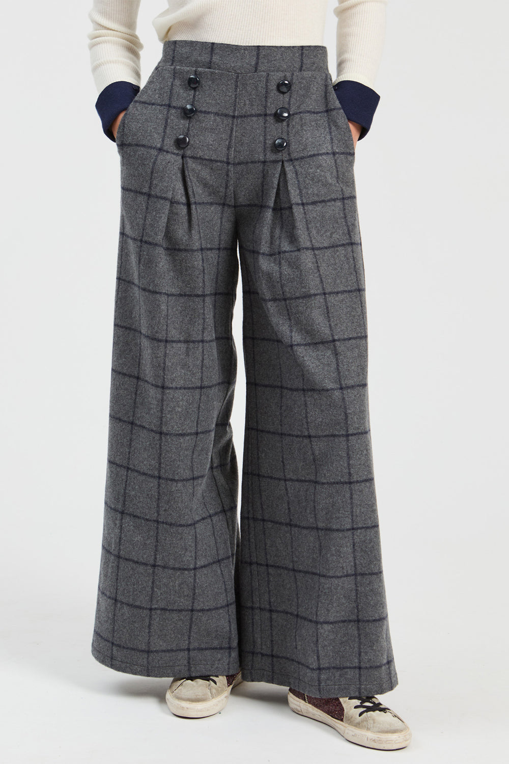 Vilagallo Grey & Navy Check Trousers, full length styled