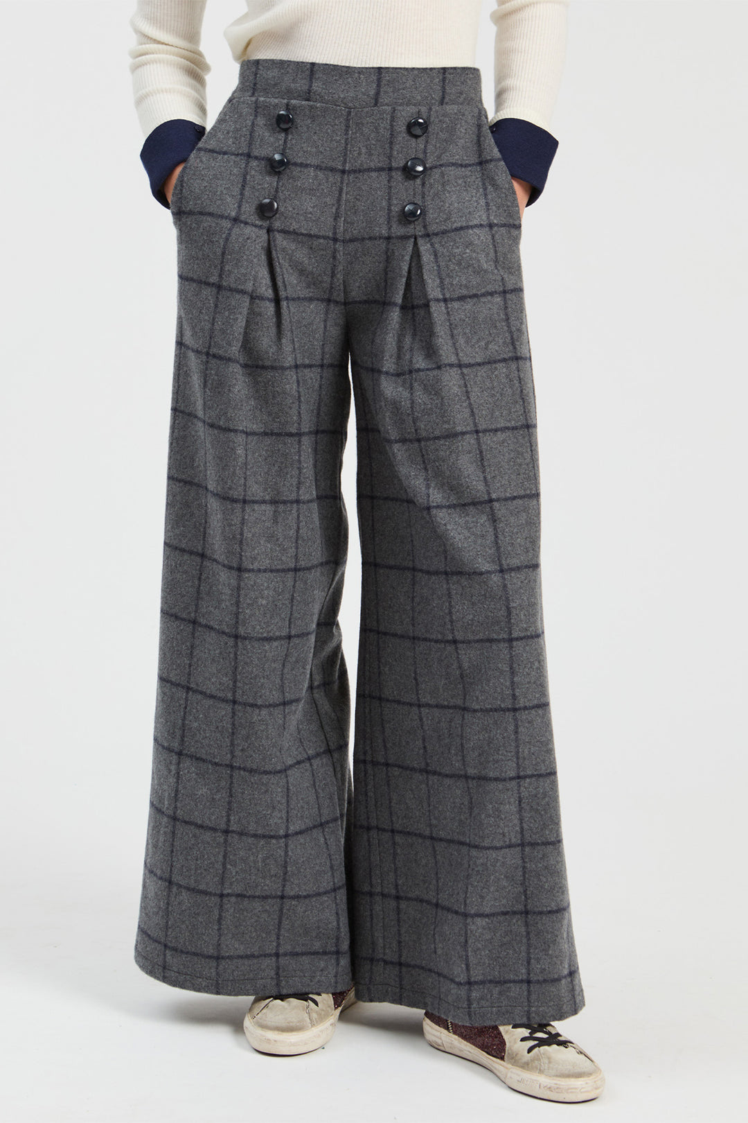 Vilagallo Grey &amp; Navy Check Trousers, full length styled