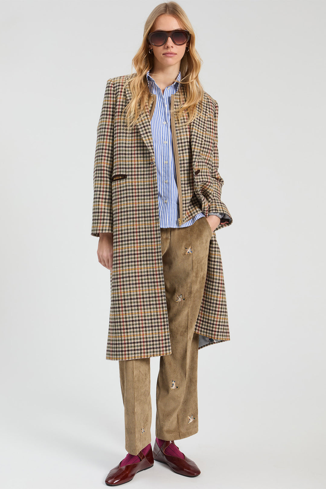 Vilagallo Houndstooth Multicolour Coat, front view styled with tailoring beneath
