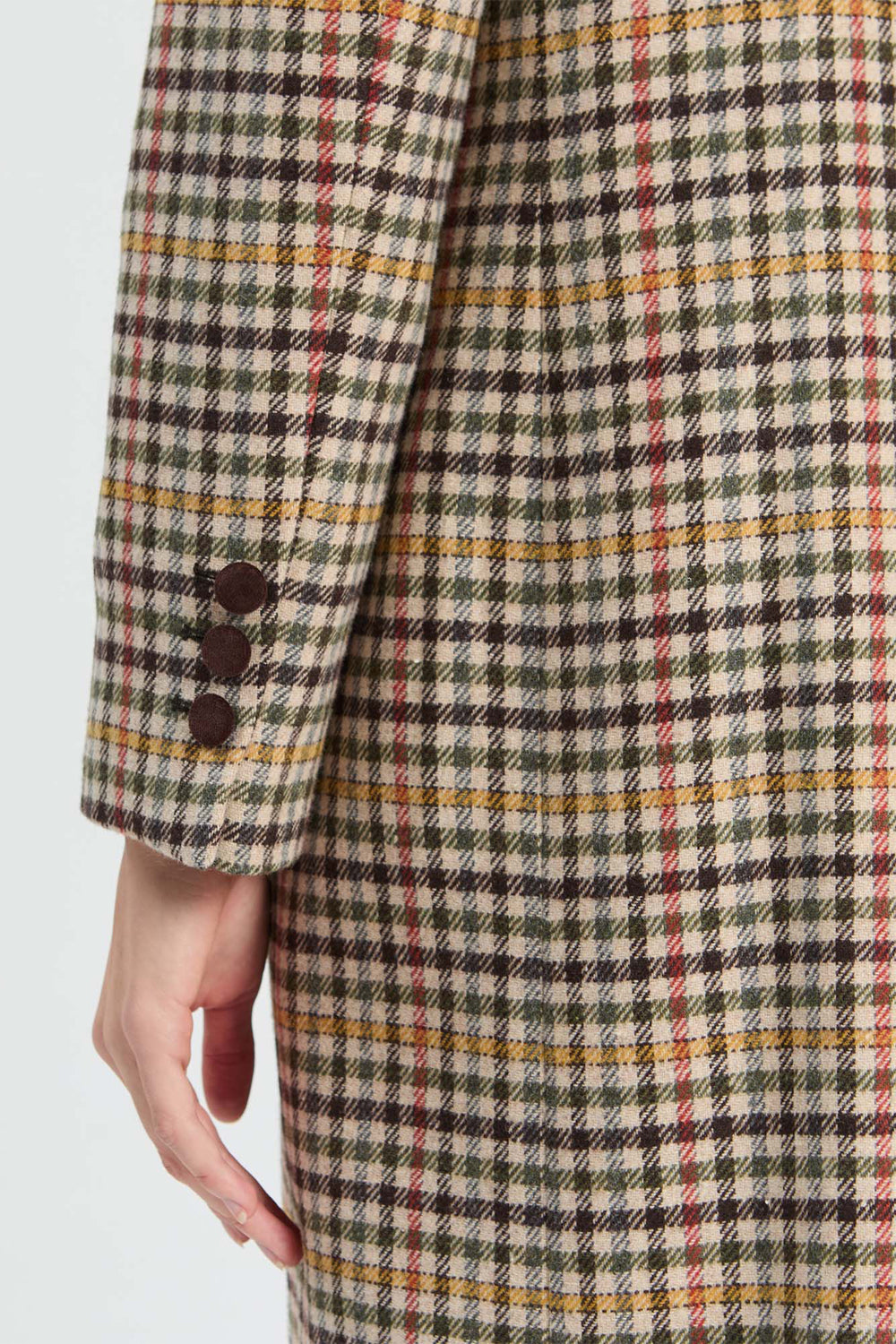 Vilagallo Houndstooth Multicolour Coat, close detail of the check weave and cuff buttons